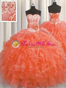 Super Handcrafted Flower Floor Length Red Sweet 16 Quinceanera Dress Organza Sleeveless Beading and Ruffles and Hand Made Flower
