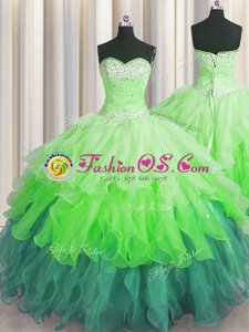 Visible Boning Green Sleeveless Beading and Ruffles Floor Length Quinceanera Gowns