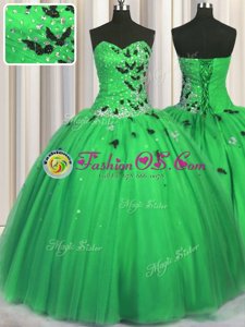 Floor Length Green Quinceanera Gowns Tulle Sleeveless Beading and Appliques
