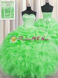 Visible Boning Green Sleeveless Beading and Ruffles and Pick Ups Floor Length Quinceanera Dress
