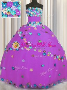 Pretty Floor Length Purple Sweet 16 Dress Tulle Sleeveless Hand Made Flower