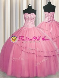 Customized Visible Boning Big Puffy Rose Pink Ball Gowns Tulle Sweetheart Sleeveless Beading Floor Length Lace Up Vestidos de Quinceanera