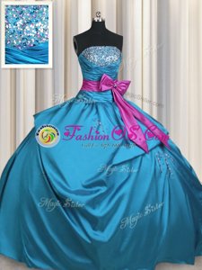 Bowknot Floor Length Teal Quinceanera Dress Strapless Sleeveless Lace Up