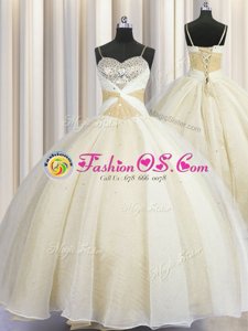 Visible Boning Beading and Ruffles and Sashes|ribbons 15 Quinceanera Dress Yellow Lace Up Sleeveless Floor Length