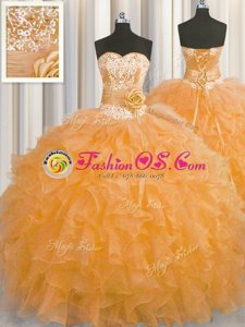Handcrafted Flower Ball Gowns 15 Quinceanera Dress Orange Sweetheart Organza Sleeveless Floor Length Lace Up
