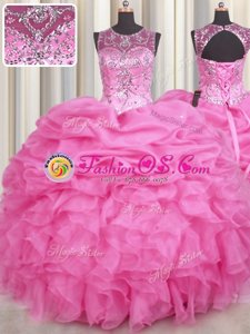 Chic Scoop See Through Floor Length Lace Up Quince Ball Gowns Rose Pink and In for Military Ball and Sweet 16 and Quinceanera with Beading and Ruffles and Pick Ups