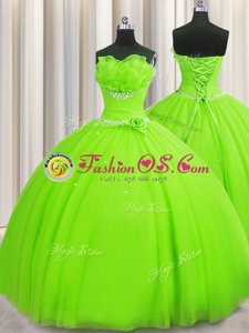 Pretty Handcrafted Flower Tulle Strapless Sleeveless Lace Up Beading and Sequins and Hand Made Flower Quinceanera Dresses in