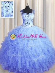 Graceful See Through Zipper Up Sleeveless Tulle Floor Length Zipper Quinceanera Dress in Light Blue for with Beading and Ruffles
