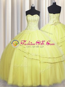 Top Selling Visible Boning Really Puffy Light Yellow Sleeveless Floor Length Beading Lace Up Sweet 16 Dresses