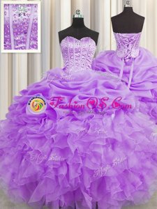 Noble Visible Boning Floor Length Lace Up Quinceanera Gowns Lilac and In for Military Ball and Sweet 16 and Quinceanera with Beading and Ruffles and Pick Ups