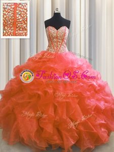 Visible Boning Sweetheart Sleeveless Organza and Sequined Sweet 16 Quinceanera Dress Beading and Ruffles and Sequins Lace Up