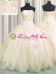 Sleeveless Taffeta Floor Length Lace Up Quinceanera Dresses in Champagne for with Beading and Appliques