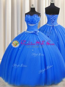 Classical Handcrafted Flower Strapless Sleeveless Quinceanera Dress Floor Length Beading and Sequins and Hand Made Flower Blue Tulle