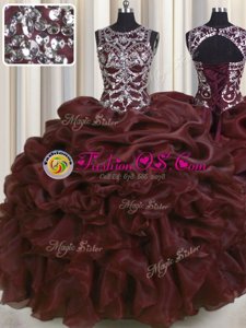 Glittering See Through Floor Length Lace Up 15 Quinceanera Dress Burgundy and In for Military Ball and Sweet 16 and Quinceanera with Beading and Pick Ups