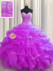 Beading and Ruffles 15th Birthday Dress Purple Lace Up Sleeveless Floor Length