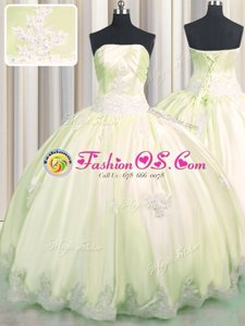 High Class Light Yellow Strapless Lace Up Beading and Appliques Sweet 16 Dress Sleeveless