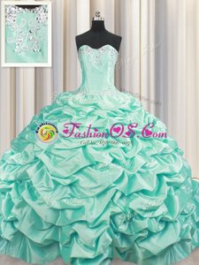 Hot Sale Brush Train Apple Green Sweetheart Lace Up Beading and Pick Ups Vestidos de Quinceanera Sleeveless