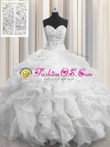 Deluxe Visible Boning Sweetheart Sleeveless Organza Ball Gown Prom Dress Beading and Ruffles Lace Up