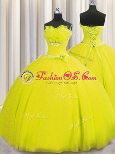 Pretty Handcrafted Flower Yellow Lace Up Strapless Beading and Sequins and Hand Made Flower Quinceanera Gowns Tulle Sleeveless