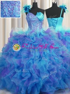 Captivating Handcrafted Flower Ball Gowns Sweet 16 Dress Multi-color One Shoulder Tulle Sleeveless Floor Length Lace Up