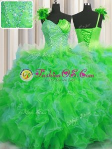 Lovely Handcrafted Flower One Shoulder Sleeveless Tulle Quinceanera Gowns Beading and Ruffles and Hand Made Flower Lace Up
