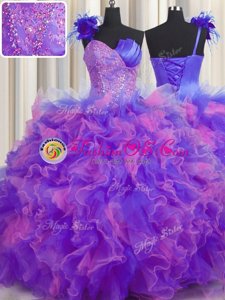 Free and Easy One Shoulder Handcrafted Flower Multi-color Sleeveless Tulle Lace Up Quinceanera Dresses for Military Ball and Sweet 16 and Quinceanera