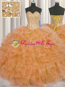 Ideal Visible Boning Floor Length Orange Quinceanera Dress Organza Sleeveless Beading and Ruffles and Sashes|ribbons