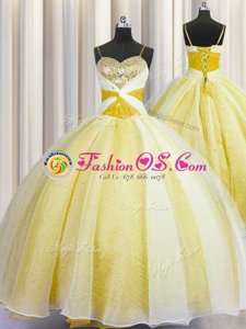 Yellow Organza Lace Up Spaghetti Straps Sleeveless Floor Length Vestidos de Quinceanera Beading and Ruching