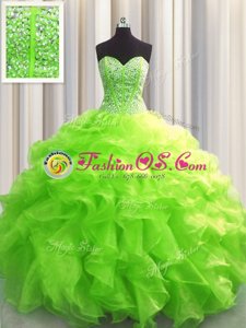 Edgy With Train Yellow Green Vestidos de Quinceanera Organza Brush Train Sleeveless Beading and Ruffles and Pick Ups
