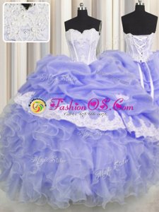 Perfect Floor Length Lace Up Ball Gown Prom Dress Lavender and In for Military Ball and Sweet 16 and Quinceanera with Beading and Appliques and Ruffles and Pick Ups