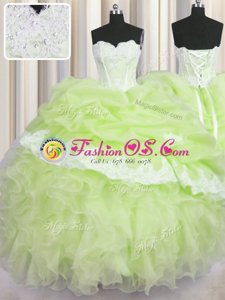 Yellow Green Ball Gowns Organza Sweetheart Sleeveless Beading and Appliques and Ruffles and Pick Ups Floor Length Lace Up Quinceanera Gown