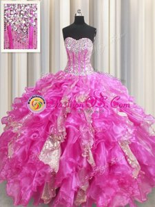 Sequins Visible Boning Ball Gowns Sweet 16 Dress Fuchsia Sweetheart Organza and Sequined Sleeveless Floor Length Lace Up