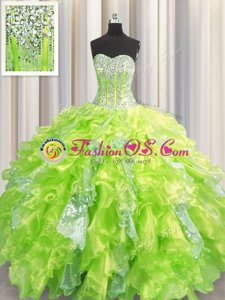 Sequins Visible Boning Sweetheart Sleeveless Lace Up Vestidos de Quinceanera Yellow Green Organza and Sequined