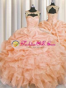 Ideal Scoop Organza Sleeveless Floor Length Quinceanera Gowns and Beading and Pick Ups