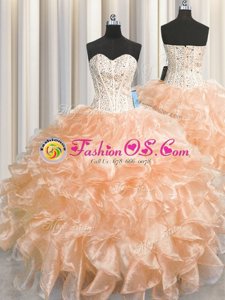 Best Visible Boning Zipper Up Peach Organza Zipper Sweetheart Sleeveless Floor Length Ball Gown Prom Dress Beading and Ruffles