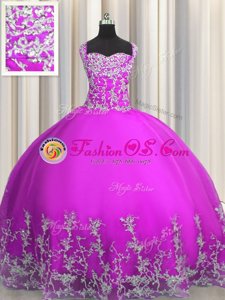 Purple Lace Up Quince Ball Gowns Beading and Appliques Sleeveless Floor Length