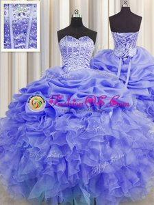 Luxury Pick Ups Visible Boning Sweetheart Sleeveless Lace Up 15th Birthday Dress Purple Organza
