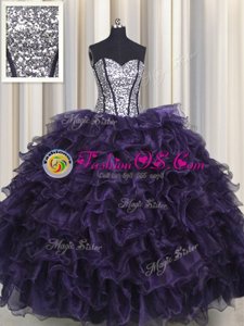 Nice Visible Boning Sleeveless Lace Up Floor Length Ruffles and Sequins Quince Ball Gowns