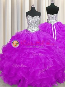 Modest Purple Quinceanera Gown Military Ball and Sweet 16 and Quinceanera and For with Beading and Ruffles Sweetheart Sleeveless Lace Up