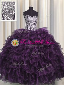 Visible Boning Sweetheart Sleeveless Quince Ball Gowns Floor Length Ruffles and Sequins Dark Purple Organza and Sequined