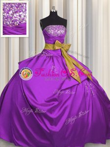 Sleeveless Satin Floor Length Lace Up Sweet 16 Dress in Purple for with Beading and Bowknot