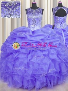 See Through Lavender Organza Lace Up Scoop Sleeveless Floor Length Sweet 16 Quinceanera Dress Beading and Ruffles and Pick Ups