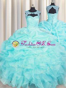 Cute Aqua Blue Sweet 16 Dress Military Ball and Sweet 16 and Quinceanera and For with Beading and Pick Ups Scoop Sleeveless Lace Up