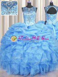 See Through Scoop Sleeveless Lace Up 15 Quinceanera Dress Light Blue Organza