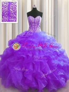 Flare Visible Boning Purple Organza Lace Up Sweetheart Sleeveless Floor Length Quince Ball Gowns Beading and Ruffles