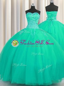 Classical Really Puffy Floor Length Turquoise Quinceanera Gown Tulle Sleeveless Beading