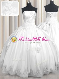 Sumptuous White Lace Up Strapless Beading and Appliques Quinceanera Dresses Taffeta Sleeveless
