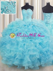 Fancy Sleeveless Beading and Ruffles Lace Up Quinceanera Gown