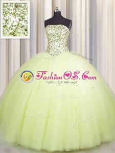 Admirable Sequins Big Puffy Floor Length Ball Gowns Sleeveless Light Yellow Ball Gown Prom Dress Lace Up