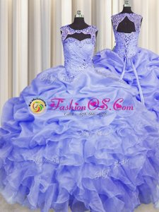 Charming Scoop Blue Ball Gowns Beading and Pick Ups Quinceanera Gowns Lace Up Organza Sleeveless Floor Length